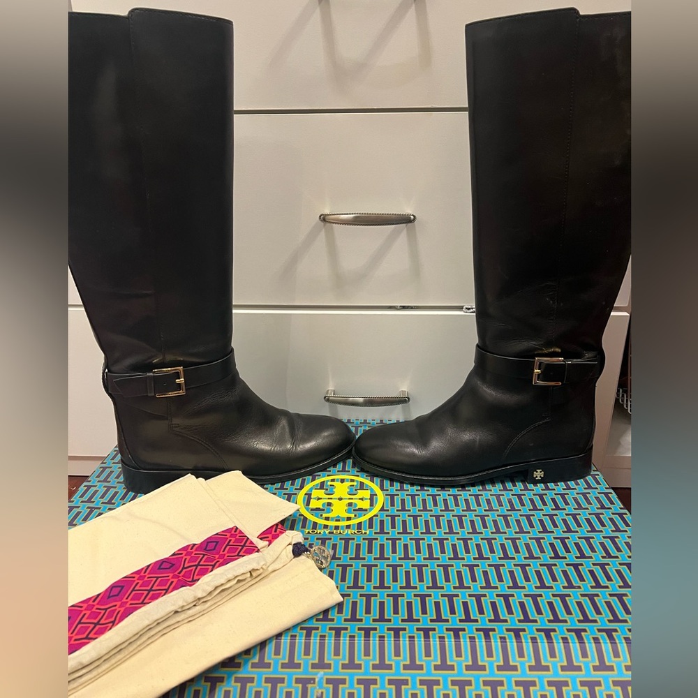 Tory Burch Black Leather Riding Boots with duster bag
